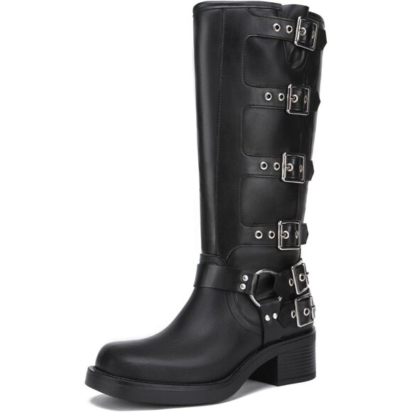 Women's Polyurethane Black Buckle Squared Toe Knee High Riding Motorcycle Boots - Picture 1 of 6